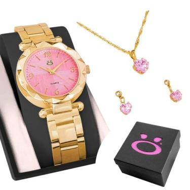 Imagem de Relogio Feminino Aço Rosa + Caixa + Colar Strass Presente - Orizom