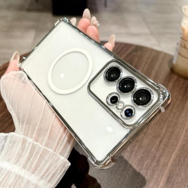 Imagem de MVVKKY Para SamsungS25Plus Luxury Plating Airbags Anti Fall Magnetic Case Clear Shockproof Protector Cover (Para SamsungS25Plus /Siliver)