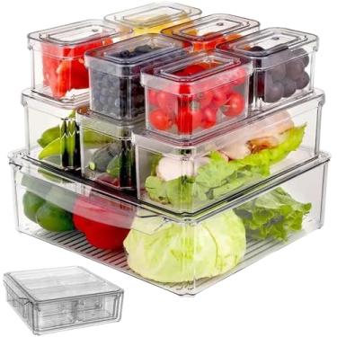 Imagem de Clear Fridge Organizer Bins - 10 pcs Refrigerator Organizer Set for Fridge, Freezer, Kitchen Cabinet, Pantry - BPA-Free, Stackable - Includes Pack of 20 Food Bags - Ideal for Food, Drinks, Vegetables