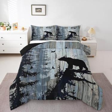 Imagem de Feelyou Conjunto de edredom de urso rústico infantil, tamanho Queen, com enchimento de urso, cabana e campo, animais selvagens, adolescentes, com 2 fronhas