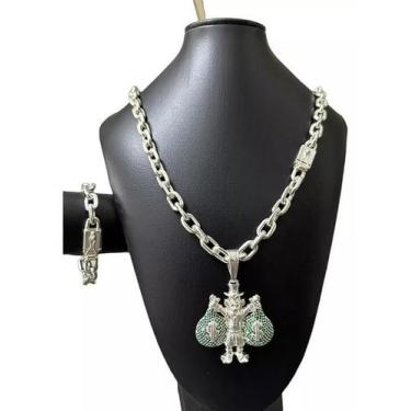 Imagem de Cordão 12Mm Cadeado + Pulseira Pingente Banhado A Prata 925 - Tojoia18