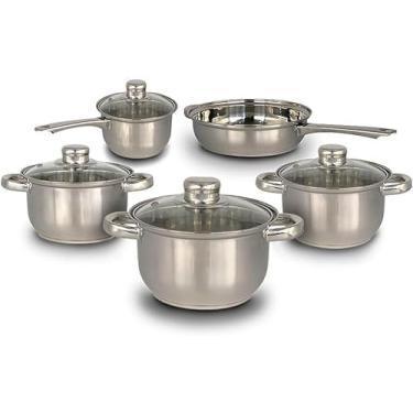 Imagem de Conjunto de Panelas Inox 5 Peças com Tampa de Vidro Temperado - Caçarolas e Frigideira - Aço Inox Resistente - Cabo em Inox - Design Moderno - 10 Litros Total