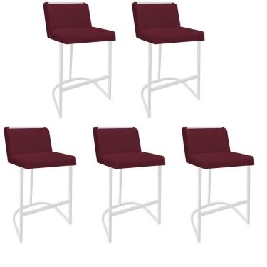 Imagem de Kit 05 Banquetas Com Encosto Confort Bistrô Cozinha Ferro Branco Suede Bordô Amey Decor