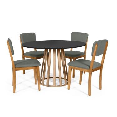 Imagem de Mesa De Jantar Redonda Gabi Pret/jade Com 4 Cadeiras Estofadas Ella Cinza
