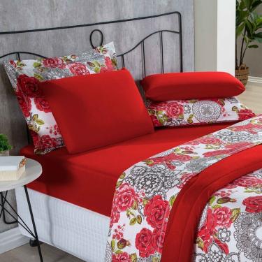 Imagem de Kit Edredom Malha 100% Algodão Primavera 3 Peças Casal - Floral Vermelho