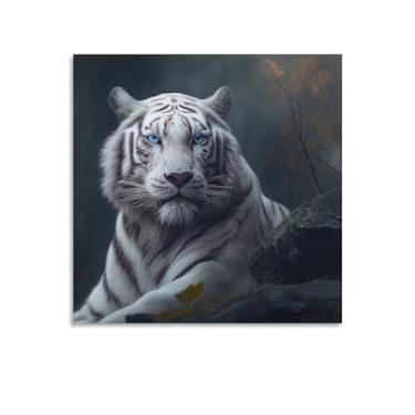 Imagem de Retrato de tigre branco majestoso em fundo escuro, vida selvagem, um tigre branco com olhos azuis, pôster pintura decorativa em tela arte de parede sala de estar pôsteres pintura de quarto 16 x 16