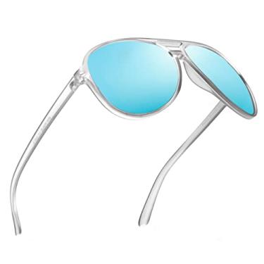 Imagem de JIM HALO Óculos de sol aviador polarizado masculino feminino plástico grande óculos de direção, Matte Transparent Frame / Polarized Mirror Blue Lens, One Size