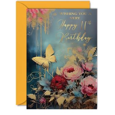 Imagem de Lindos cartões de aniversário de 11 anos dourados para meninas e meninos - Borboleta dourada maravilhosa - Cartão de aniversário elegante e tradicional bonito para meninas de 11 anos para ela, A5