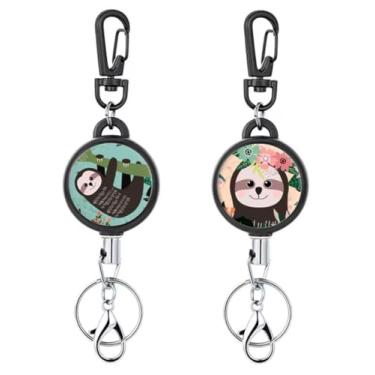 Imagem de 2 carretéis retráteis de crachá mosquetão com chaveiro e gancho de fecho para porta-identidade e chaves. Cabo de aço inoxidável resistente de 58 cm de diâmetro de 3,2 cm (verde preguiça e rosa)