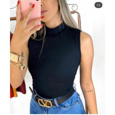 Imagem de blusa feminina gola alta manga cavada malha canelada moda blogueira - 
