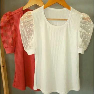 Imagem de Blusa feminina manga tule princesa curta malha canelada - Filó Modas, 