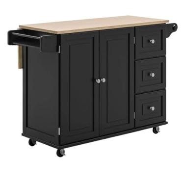 Imagem de Carrinho de Armazenamento Carrinho de cozinha com tampo de madeira e folhas suspensas, bar de café da manhã, ilha de cozinha, casa casual Carrinho de Armazenamento(Preto)