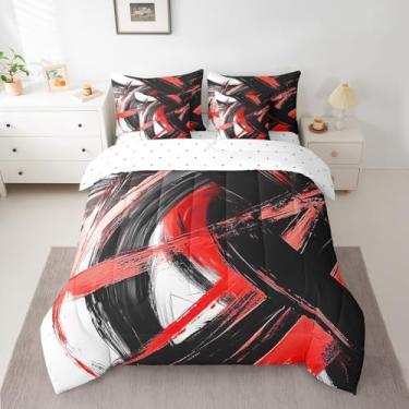 Imagem de Feelyou Conjunto de edredom de arte abstrata com lençol Queen abstrato vermelho e preto, 7 peças, para crianças, meninos, meninas, moderno, geométrico, listrado, em uma bolsa, macio