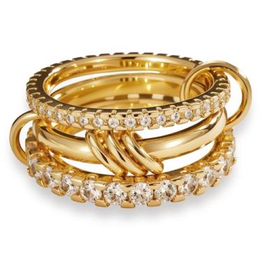 Imagem de HOSICRON Anéis empilháveis de ouro para mulheres que não mancham, delicados empilháveis banhados a ouro 18 k CZ zircônia cúbica, conjunto de anéis femininos com junta de ouro, 7, Cobre banhado a ouro,