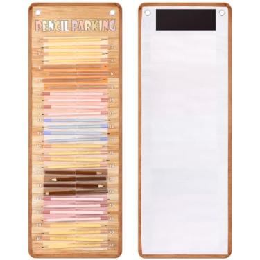 Imagem de Fuutreo Porta-lápis organizador de lápis para estacionamento em tecido de nylon com ilhós e tira magnética para crianças, professores, sala de aula, material de armazenamento escolar (boho, cor de