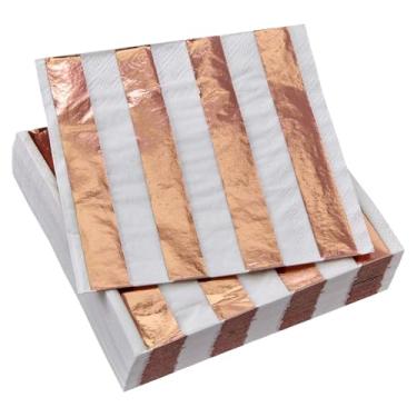 Imagem de Guardanapos de papel descartáveis listrados em ouro rosa e branco - 12,7 cm x 12,7 cm (pacote com 36) - Perfeito para casamentos, festas e ocasiões especiais