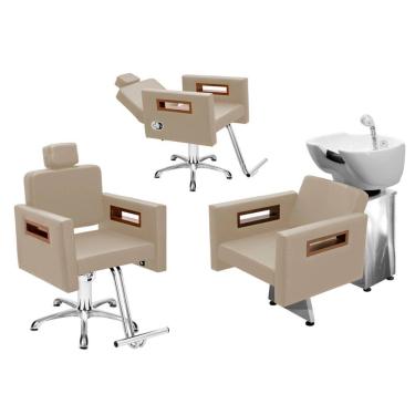 Imagem de Kit Salão de Beleza 1 Cadeira Fixa + 1 Reclinável Estrela + 1 Lavatório Base Inox Tunísia