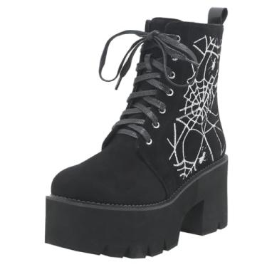 Imagem de Parisuit Botas femininas góticas patenteadas no tornozelo plataforma salto alto grosso com cadarço botas curtas punk, New-black 44, 37