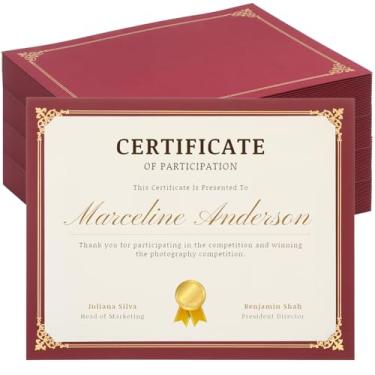 Imagem de 100 porta-certificados de lado único com capa de diploma de borda dourada ou tamanho carta 21 x 28 cm papel certificado, cartolina, prêmio, graduação, documentos, escola - vinho