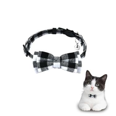 Imagem de Coleira de gato para cães e gatos com coleira ajustável para gatos com gravata borboleta preta e branca para gatos com coleira de sino para gatos pequenos e cães com coleira quadriculada para filhotes