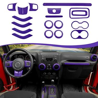 Imagem de CheroCar Kit de acabamento interno com 18 peças para Jeep Wrangler JK JKU 2011-2018 4 portas, capa de volante, capa de suporte de copo com acabamento de ventilação de ar condicionado, moldura de maçanetas de mudança de marchas, roxo..