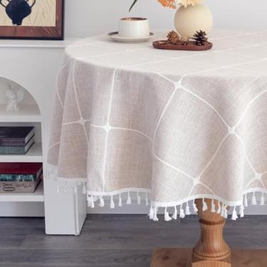 Imagem de YZKITM Toalha de mesa redonda de linho de algodão 135 cm, boho, sem rugas, lavável, xadrez, com borlas, marrom, rústica, resistente, para festa, sala de jantar, casamento