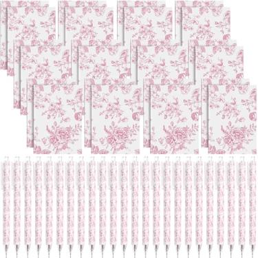 Imagem de Engrowtic Conjunto de 24 cadernos florais rosa e branco com canetas esferográficas, mini blocos de notas em massa, canetas de gel, chinoiserie e estéticas, diários pequenos para festas, escola