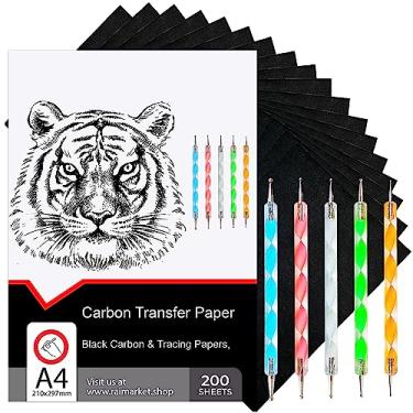 Imagem de Raimarket 200 folhas de papel carbono preto para traçar em tecido | Papel carbono para traçar em madeira e tela, papel vegetal para desenhar padrões de costura, 5 canetas, tamanho A4 (22 x 33) papel
