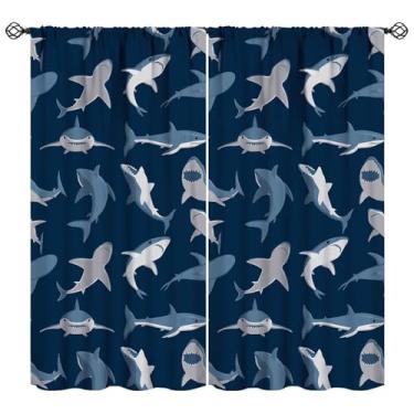 Imagem de Cortinas infantis de animais marinhos para adolescentes, meninos, meninas, quarto de bebê, decoração de desenho animado tubarões, arte blackout, conjunto de tecido, 2 painéis, 106 x 137 cm, 80% de