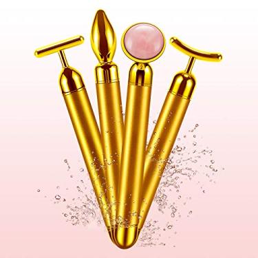 Imagem de Massageador facial de pulso dourado 24 k 4 em 1, massageador facial de rolo de jade elétrico de quartzo rosa, pedra de massagem nasal nos braços para lifting facial, anti-envelhecimento, anti-rugas, firmeza facial, firmeza