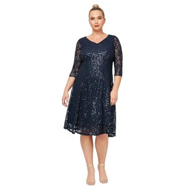 Imagem de S.L. Fashions Vestido feminino plus size de renda com lantejoulas, Azul marinho, 50