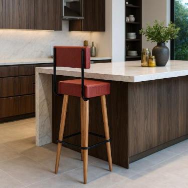 Imagem de Banqueta Alta Cozinha 70cm Encosto Pé Madeira Barcelona PU Vermelho S0