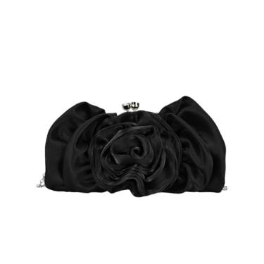 Imagem de COOLOYA Bolsa feminina 3D rosa flor noite bolsa de cetim bolsa de mão floral bolsa de casamento bolsa de ombro transversal, Preto, One Size