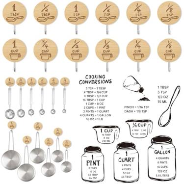 Imagem de Verigud Organizador de copo e colher medidor, pacote com 12 ganchos de madeira adesivos para pendurar com 6 adesivos de tabela de conversão de cozinha, ganchos de cozinha para armazenamento econômico