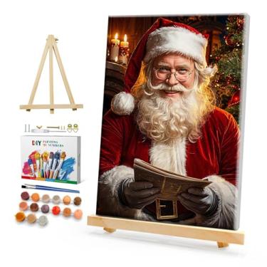 Imagem de HeeBenor Kit de pintura de Natal emoldurada por números para adultos iniciantes, pintura de Papai Noel por número com cavalete, kits de pintura de Natal para adultos DIY por números em tela emoldurada