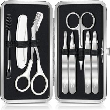 Imagem de TsMADDTs Pinças para cabelo facial feminino, kit de sobrancelha 8 em 1 com pinça, tesoura, navalha, escova com bolsa de viagem, kit de modelagem de sobrancelha