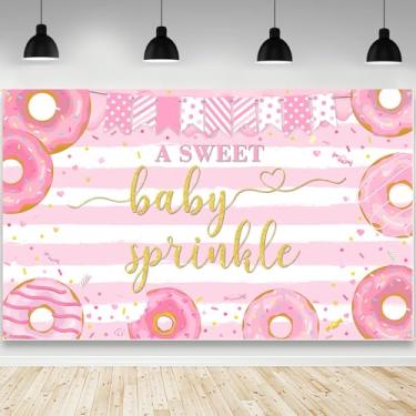 Imagem de AIBIIN Decorações de fundo A Sweet Baby Sprinkle para meninas, rosquinhas rosa, chá de bebê, suprimentos de decoração de festa temática de donuts, faixa de festa, adereços de estúdio fotográfico 179,8