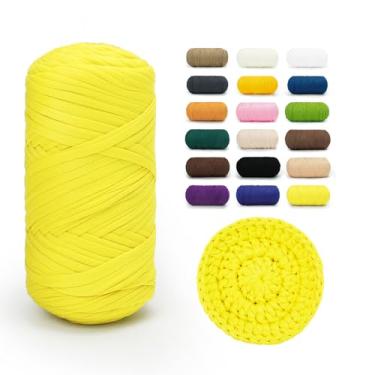 Imagem de BATELO Fio de camiseta 400 g/100 m, fio de crochê para bolsa de crochê/cesta/decoração de casa, tecido elástico de mistura de poliéster e elastano (amarelo claro)