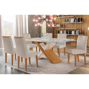 Imagem de Sala de Jantar Completa Imperatriz Tampo Madeirado c/ Vidro Canto Curvo 180x90 e 6 Cadeiras Jade Imbuia/Off White - Suede Creme - Rufato