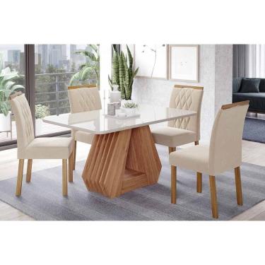 Imagem de Conjunto: Mesa de Cozinha Ágata Tampo Madeirado c/ Vidro 130x80cm e 4 Cadeiras Juliana Cinamomo/Off White - Carvalho/Linho Bege - Cimol