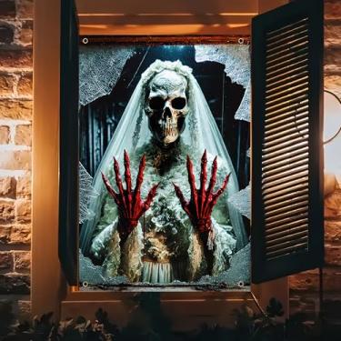 Imagem de BlissYard Decorações de janela de Halloween 78 × 129 cm capa de janela de Halloween feminina fantasma cabelo branco esqueleto noiva assustador halloween janelas silhueta cortinas assustadoras para