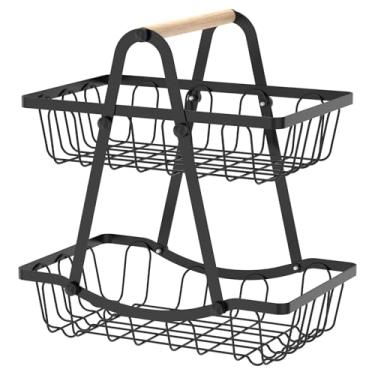 Imagem de Cesta de frutas e vegetais de metal de 2 camadas para cozinha, suporte de armazenamento sólido versátil para frutas com cabo de madeira, cesta de legumes, suporte de tigela de lanche de metal