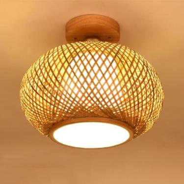 Imagem de Luz De Teto De Bambu Abajur De Vime De 1 Cabeça Luminárias De Vime Iluminação De Teto E27 Art Lantern Semi Flush Pingente De Luz Para Quarto Sala De Estar Corredor Restaurante
