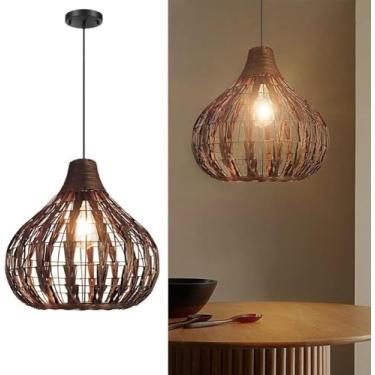 Imagem de Arte Artesanal Rattan Pendente Luminárias Teto Bambu Pendurado Lâmpadas Para Sala De Estar Ajustável Vime Sala De Jantar Luminária