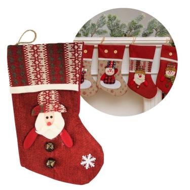 Imagem de Bota Decorativa Meia Natal Papai Noel Tecido Linho Vinho e Xadrez com Guizo 35cm