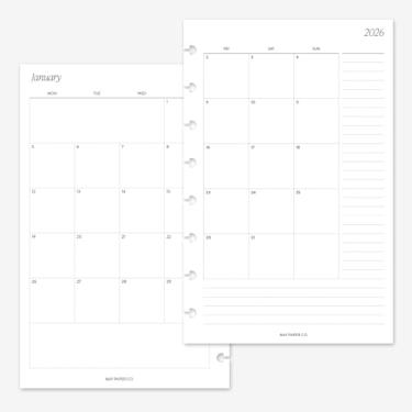 Imagem de MAY PAPER CO. Recarga de agenda mensal 2026 de meia carta com notas, agenda mensal em duas páginas para caderno de 8 discos Levenger Circa Junior, Arc by Staples, TUL Junior 14 x 21 (meses contínuos