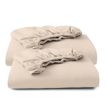 Imagem de Pacote com 2 lençóis King Size 100% algodão egípcio, 600 fios, lençol de baixo de cetim com bolso profundo de 20,3 a 40,6 cm, macio, respirável, confortável e de qualidade de hotel (king, bege)