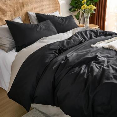 Imagem de Cozaline Conjunto de edredom King 100% algodão – preto, textura semelhante a linho, super macio e respirável, conjunto de cama leve, 3 peças de edredom de percal durável para todas as estações