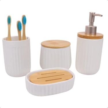 Imagem de Conjunto 4 Peças para Banheiro Porta Sabonete Líquido, Porta Escovas, Porta Algodão Cotonete e Saboneteira de Cerâmica Canelado Branco