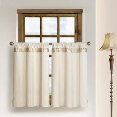 Imagem de Cortinas de cozinha de linho de algodão com faixa bordada dourada brilhante moderna elegante 91 cm neutra para tratamento de janelas